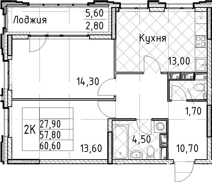 2-комнатная квартира 60.6 м², 8/13 эт., ЖК «Тайм Сквер»